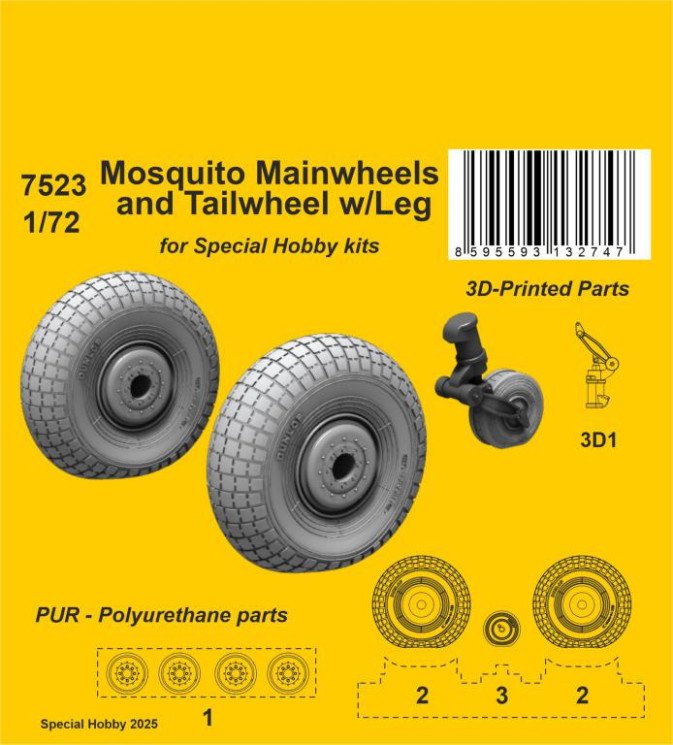 7523 Mosquito Основні колеса і хвостове з опорою 1/72 / для Special Hobby
