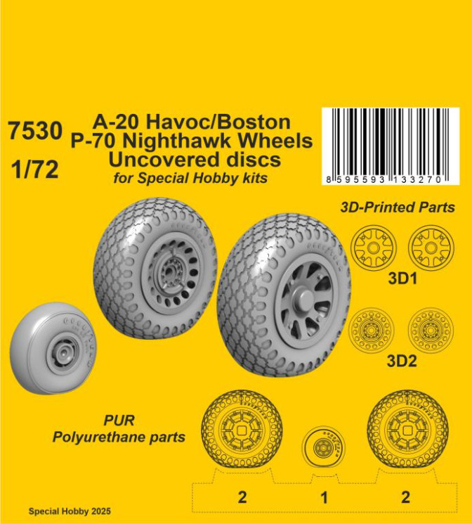 7530 A-20 Havoc/Boston/ P-70 Nighthawk Wheels/ Hubs without Covers 1/72 / for Special Hobby kits