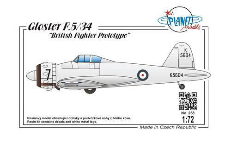 129-PLT258 Gloster F.5/34 British Fighter Prototype 1/72