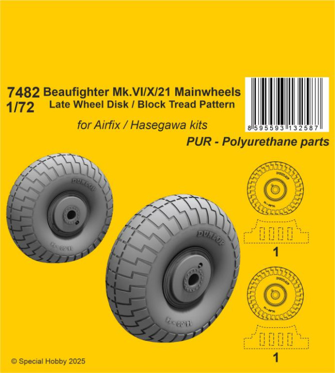 7482 Beaufighter Mk.VI/X/21 Основні колеса пізній диск / рисунок протектора 1/72